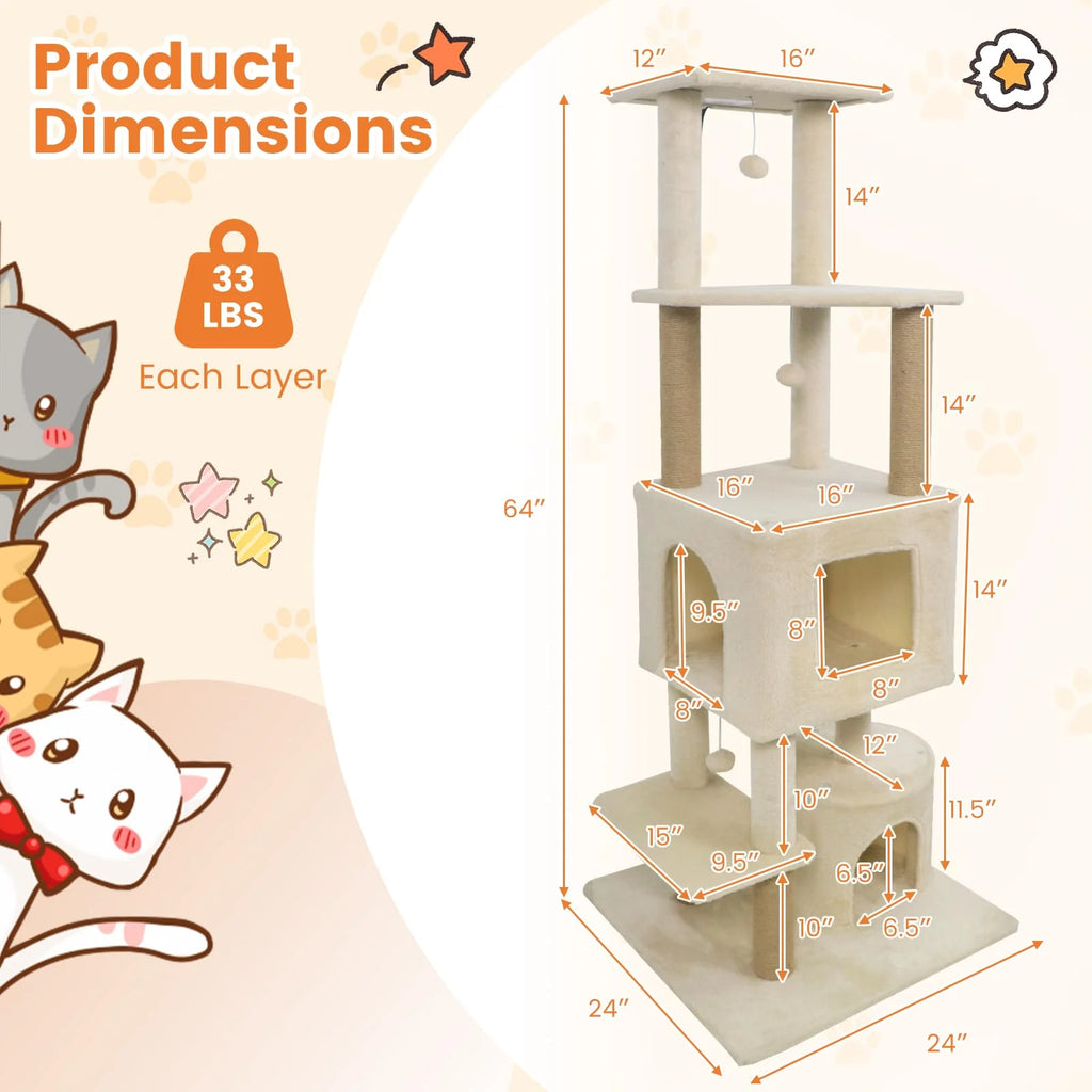 Tangkula 64 Inch Tall Cat Tree Multi-Level Cat Tower with 2 Large Condos
