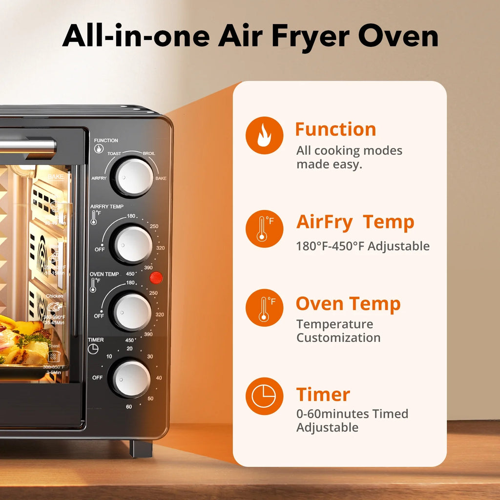 34 QT Super - Large Air Fryer, Oil - Less Air Fryer Toaster Oven Combo with Pizza, Warm, Broil, Toast, Bake, Air Fry, 5 Functions - Black