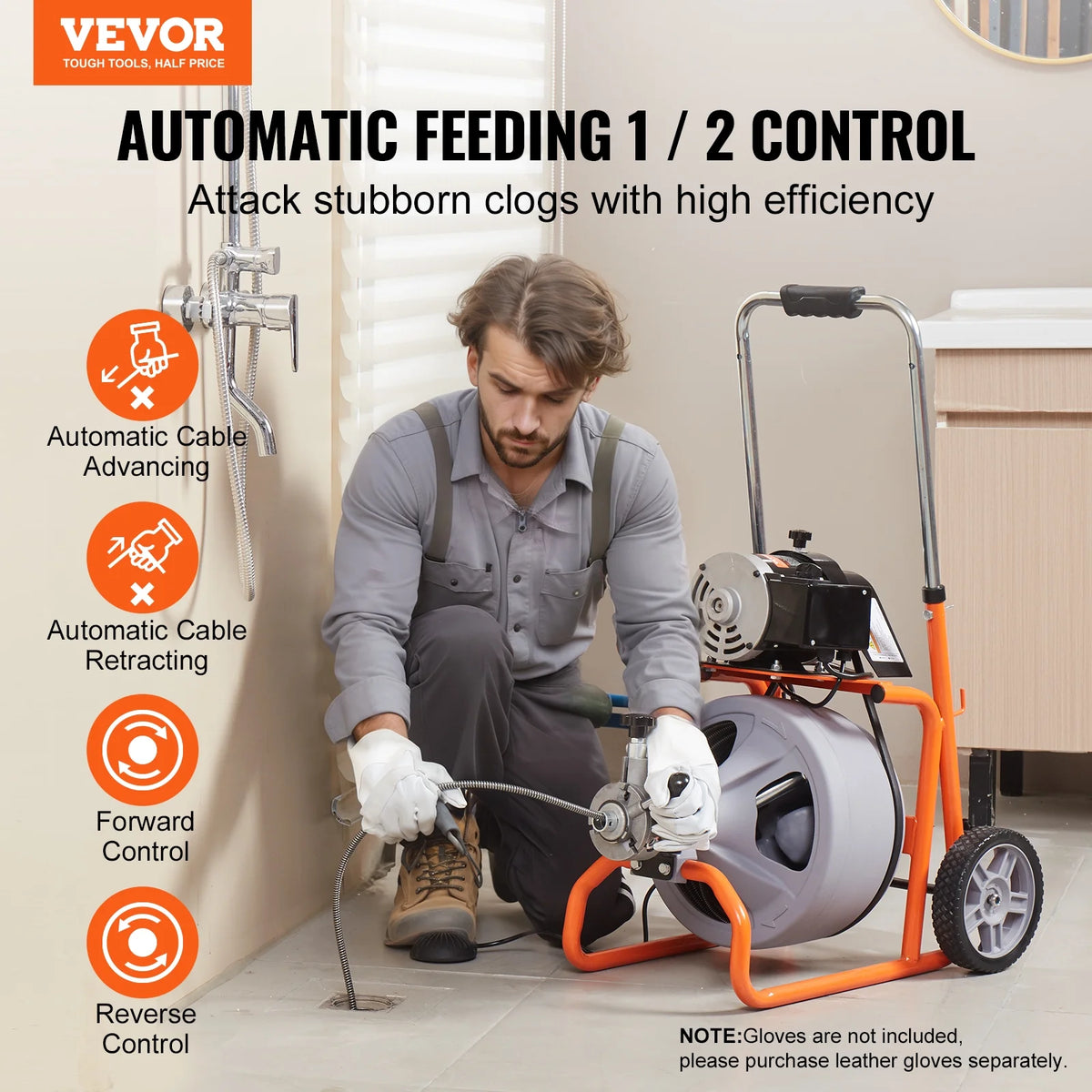 VEVOR Drain Cleaner Machine 100FT x 3/8 in, Auto Feed Sewer Snake Drain Auger on Wheels, Portable Drain Cleaning Machine with 8 Cutters & Air - Activated Foot Switch for 2" to 4" Pipes