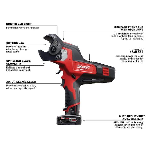 M12 12V Lithium-Ion Cordless 600 MCM Cable Cutter Kit with One 3.0Ah Battery. Charger and Hard Case