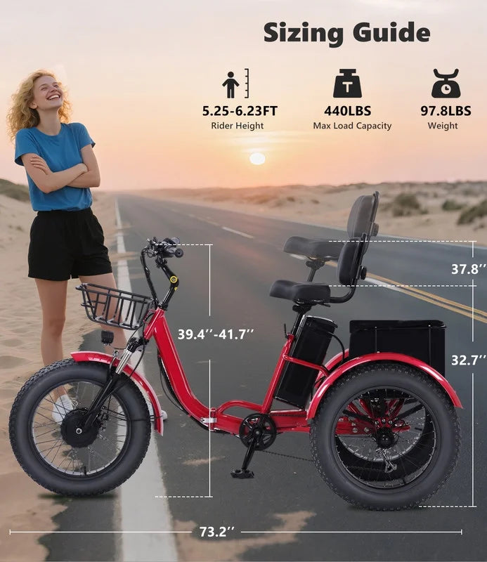 YEBEI Electric Tricycle for Adults Folding E - Trike Motorized Tricycle Electric 3 Wheels Trike Powerful 500W Motor Electric Tricycle 48V15AH Lithium Battery Max 20MPH 20*4.0" Fat Tire Orange