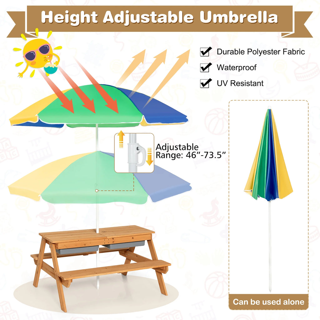 Costway 3 - in - 1 Kids Picnic Table Wooden Outdoor Sand & Water Table with Umbrella Play Boxes Green
