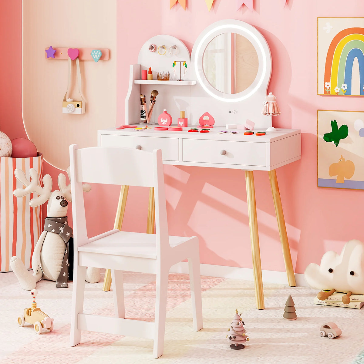 Gymax Kids Vanity Set W/ Lighted Mirror Princess Makeup Dressing Desk & Chair Set White