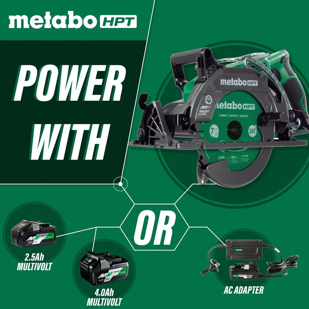 Metabo HPT 36V Multivolt 7 - 1/4 in Rear Handle Circular Saw, Lightweight Design, up to 500 2x4 Cuts per Charge, 53 Adjustable Bevel Capacity, Lifetime Tool Body Warranty, C3607DWA