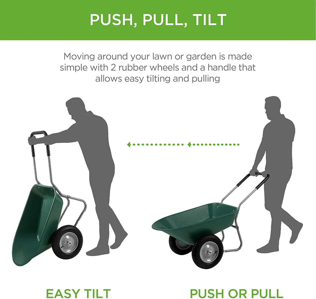 SEEKOL Dual - Wheel Home Utility Yard Wheelbarrow Garden Cart W/Built - in Stand for Lawn, Gardening, Construction, Green