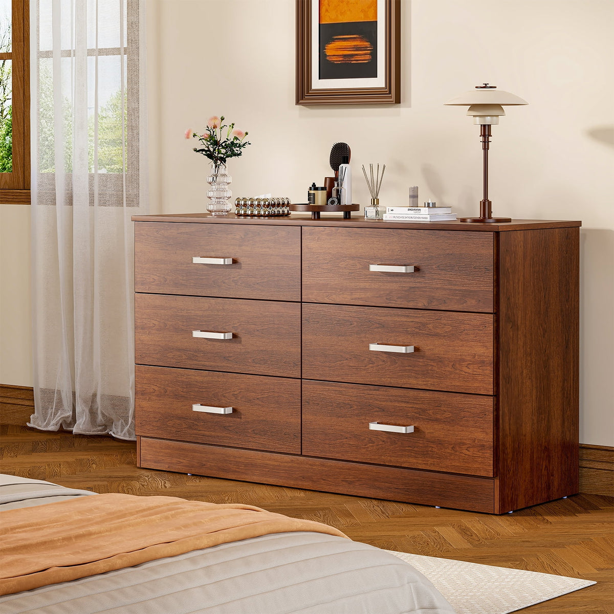Winkalon 6 Drawer White Double Dresser, Wood Storage Cabinet with Easy Pull Out Handles for Living Room, Chest of Drawers for Bedroom