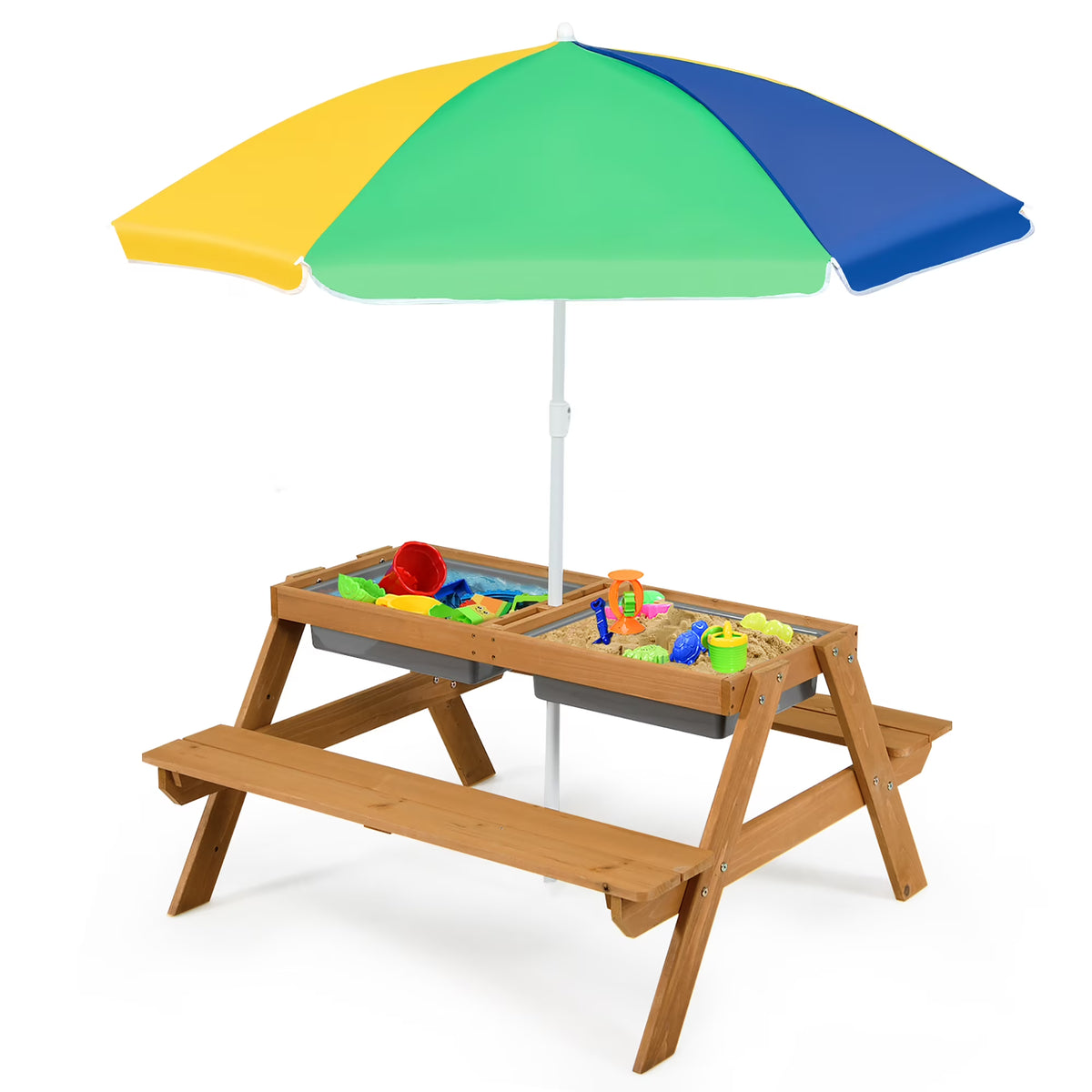 Costway 3 - in - 1 Kids Picnic Table Wooden Outdoor Sand & Water Table with Umbrella Play Boxes Green