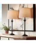 360 Lighting Modern Buffet Table Lamps Set of 2 Bronze Metal Oatmeal Fabric Drum Shade for Dining Room