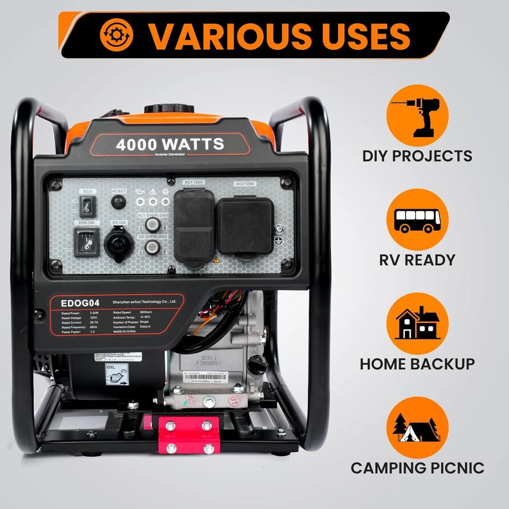 Efurden 4000W Inverter Generator Gas Powered, Portable Gas Generator for Home and Outdoor Use, Leightweight and ECO Mode
