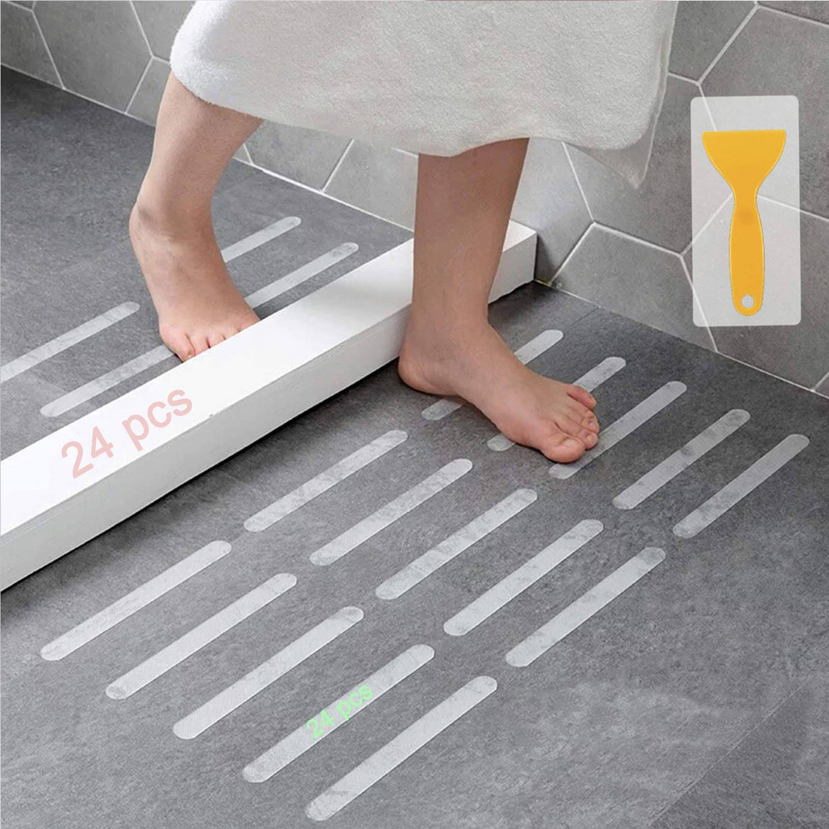 Kyerivs Anti-Slip Strips, Safety Shower Treads Stickers - 24 Pcs, Bathtub Non Slip Stickers, Anti Skid Tape for Shower,Tub,Steps, Floor-Strength Adhesive