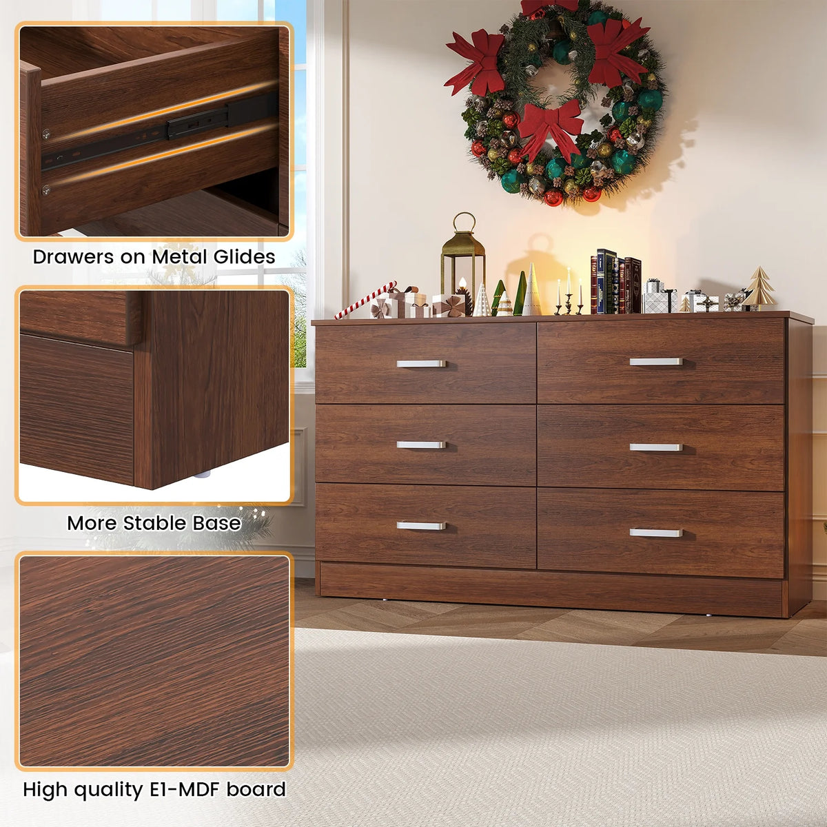 Winkalon 6 Drawer White Double Dresser, Wood Storage Cabinet with Easy Pull Out Handles for Living Room, Chest of Drawers for Bedroom