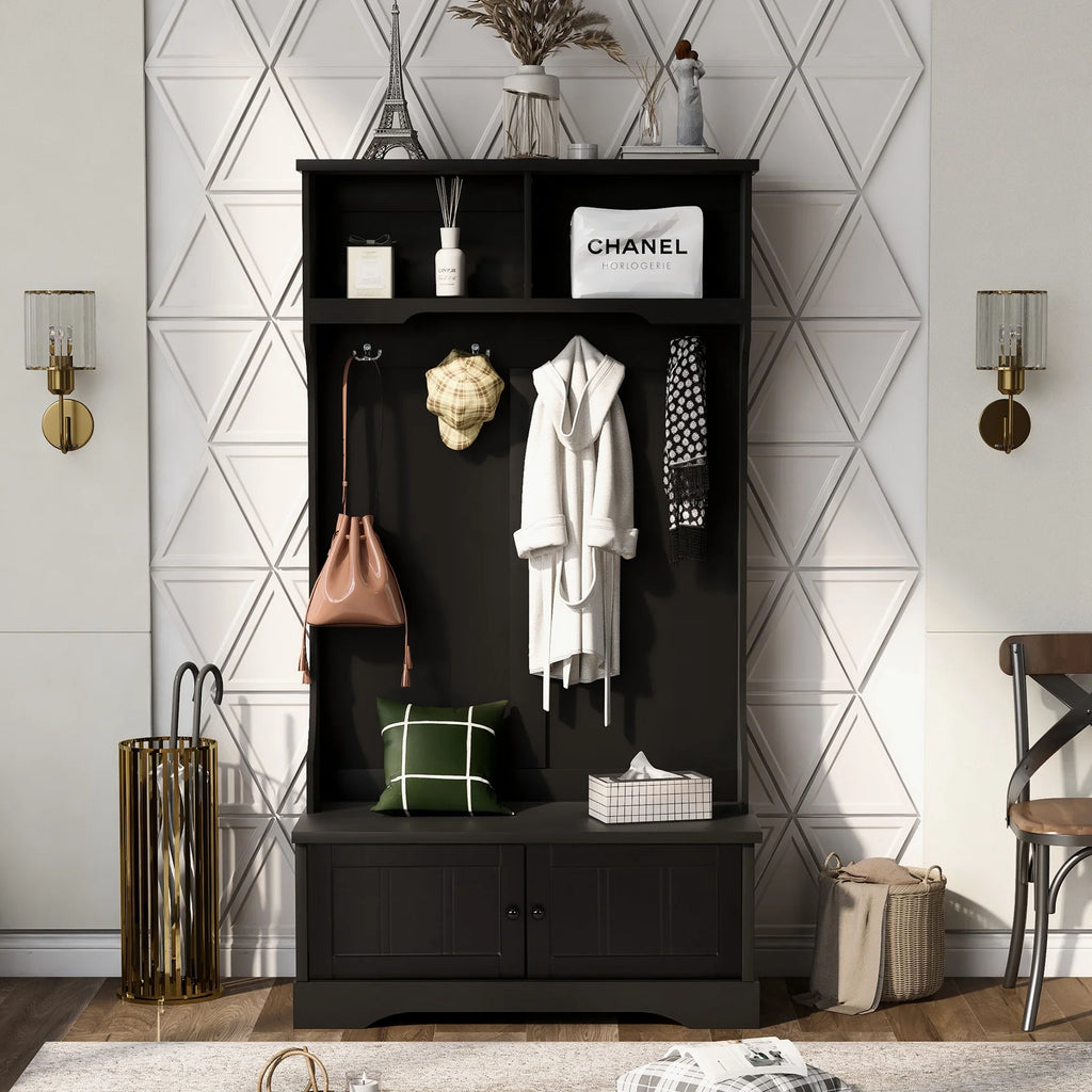 Hall Tree with Upholstered Bench and Coat Rack, Entryway Bench with 3 Hooks, 3 Open Shelves, 2 Drawers & Storage Cabinets, Mudroom Bench with Storage and Hooks for Foyer, Entry Way, Hallway (Beige)