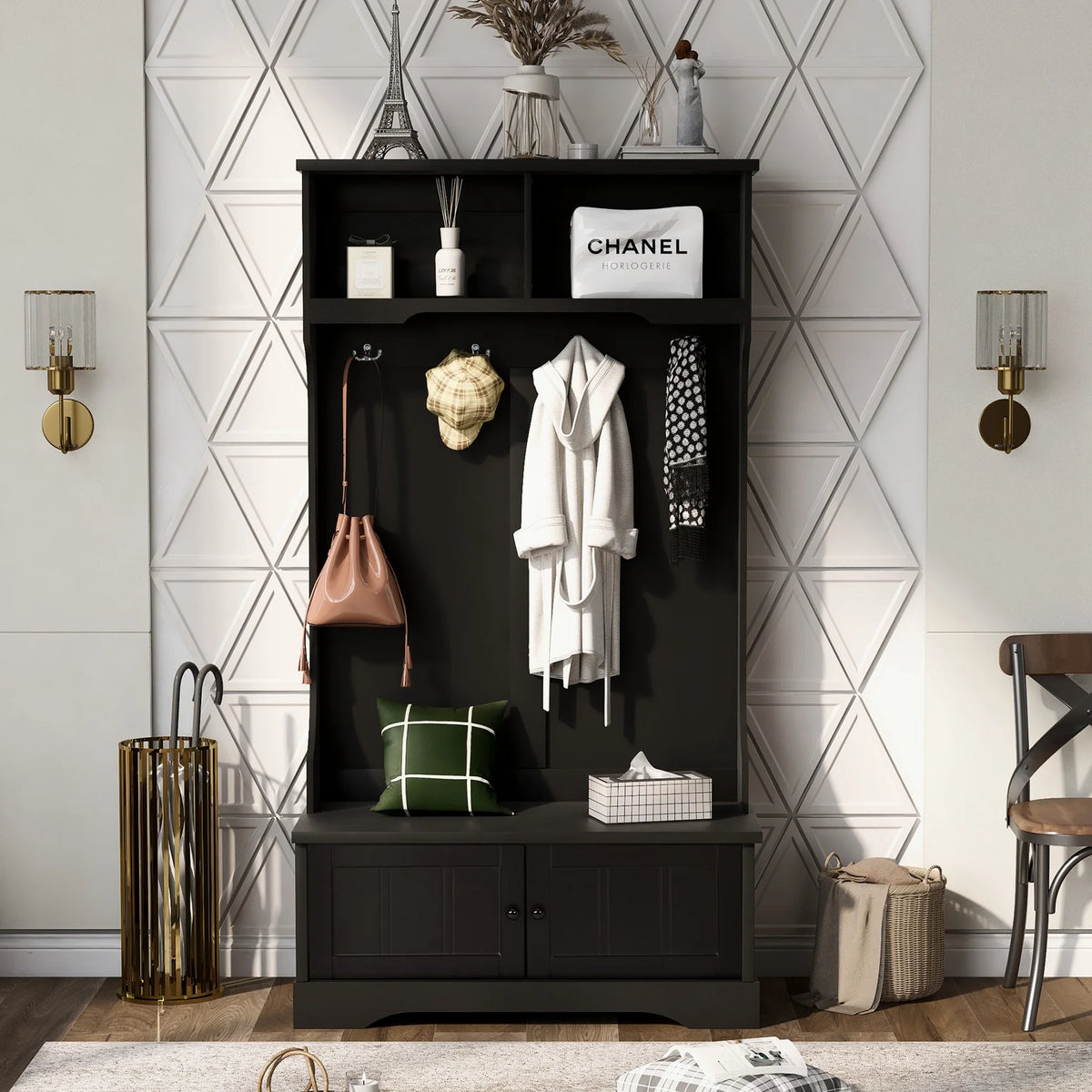 Hall Tree with Upholstered Bench and Coat Rack, Entryway Bench with 3 Hooks, 3 Open Shelves, 2 Drawers & Storage Cabinets, Mudroom Bench with Storage and Hooks for Foyer, Entry Way, Hallway (Beige)
