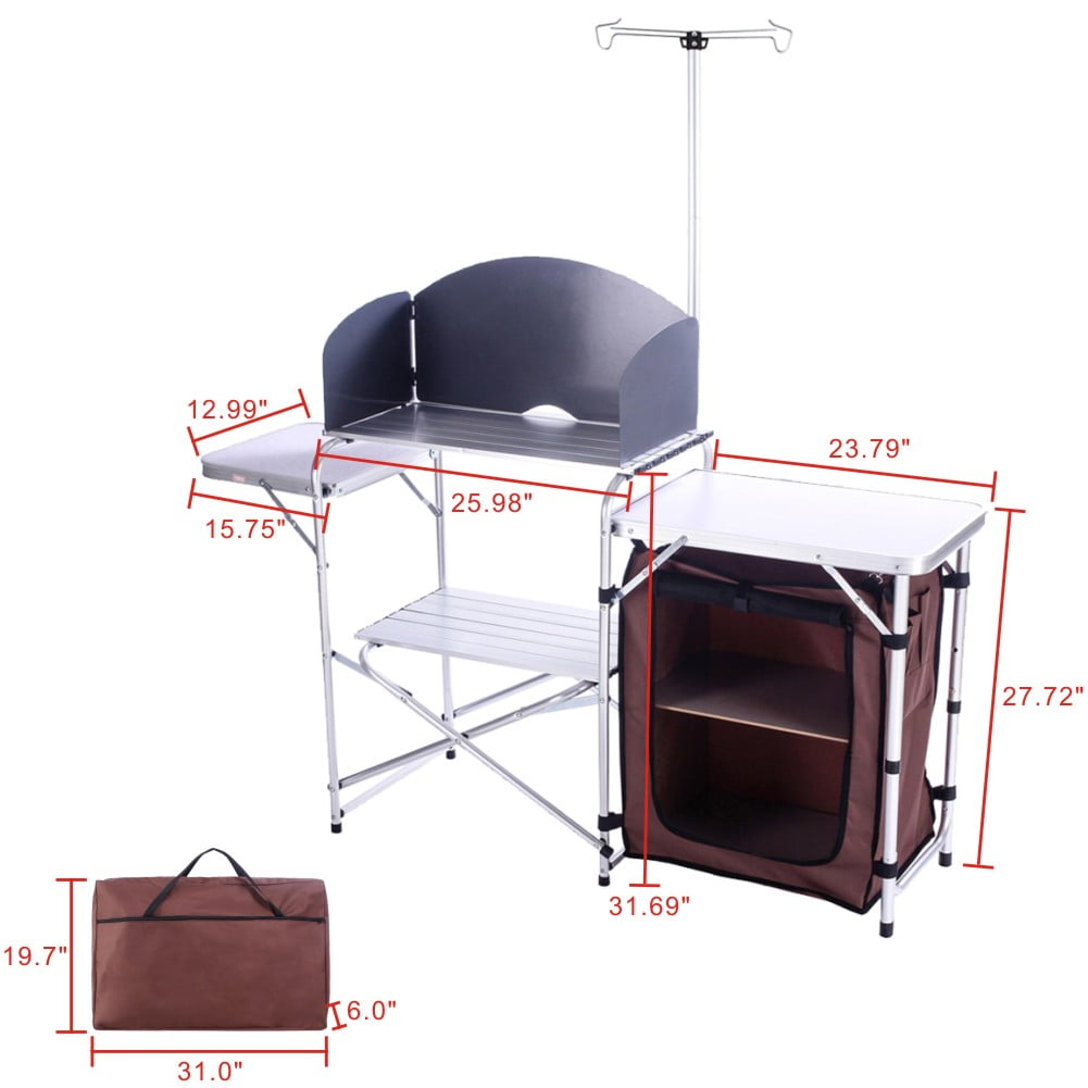 Folding Cooking Table Outdoor Portable Cook Station Aluminum Camping Kitchen with Storage Organizer.Silver