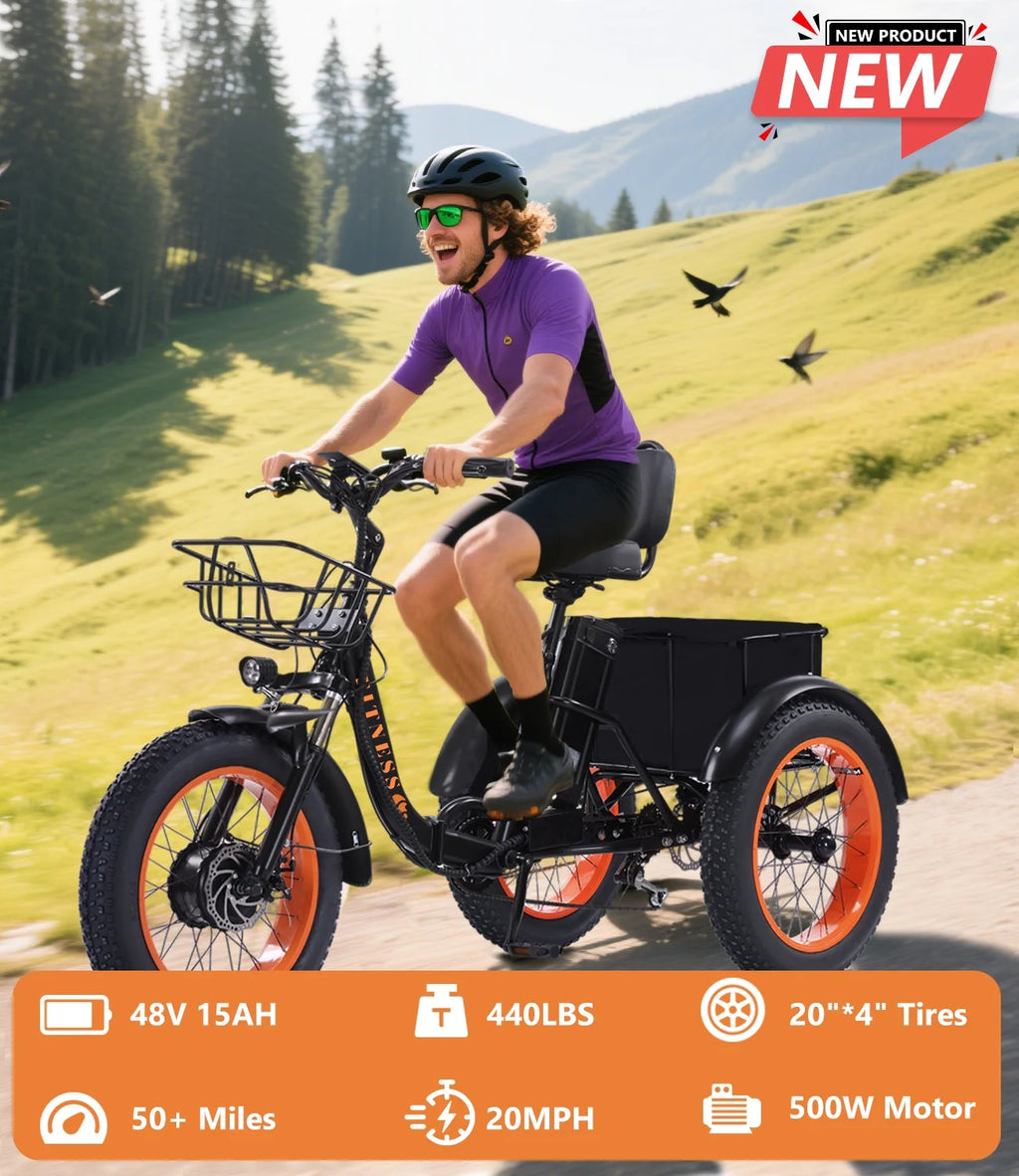 YEBEI Electric Tricycle for Adults Folding E - Trike Motorized Tricycle Electric 3 Wheels Trike Powerful 500W Motor Electric Tricycle 48V15AH Lithium Battery Max 20MPH 20*4.0" Fat Tire Orange