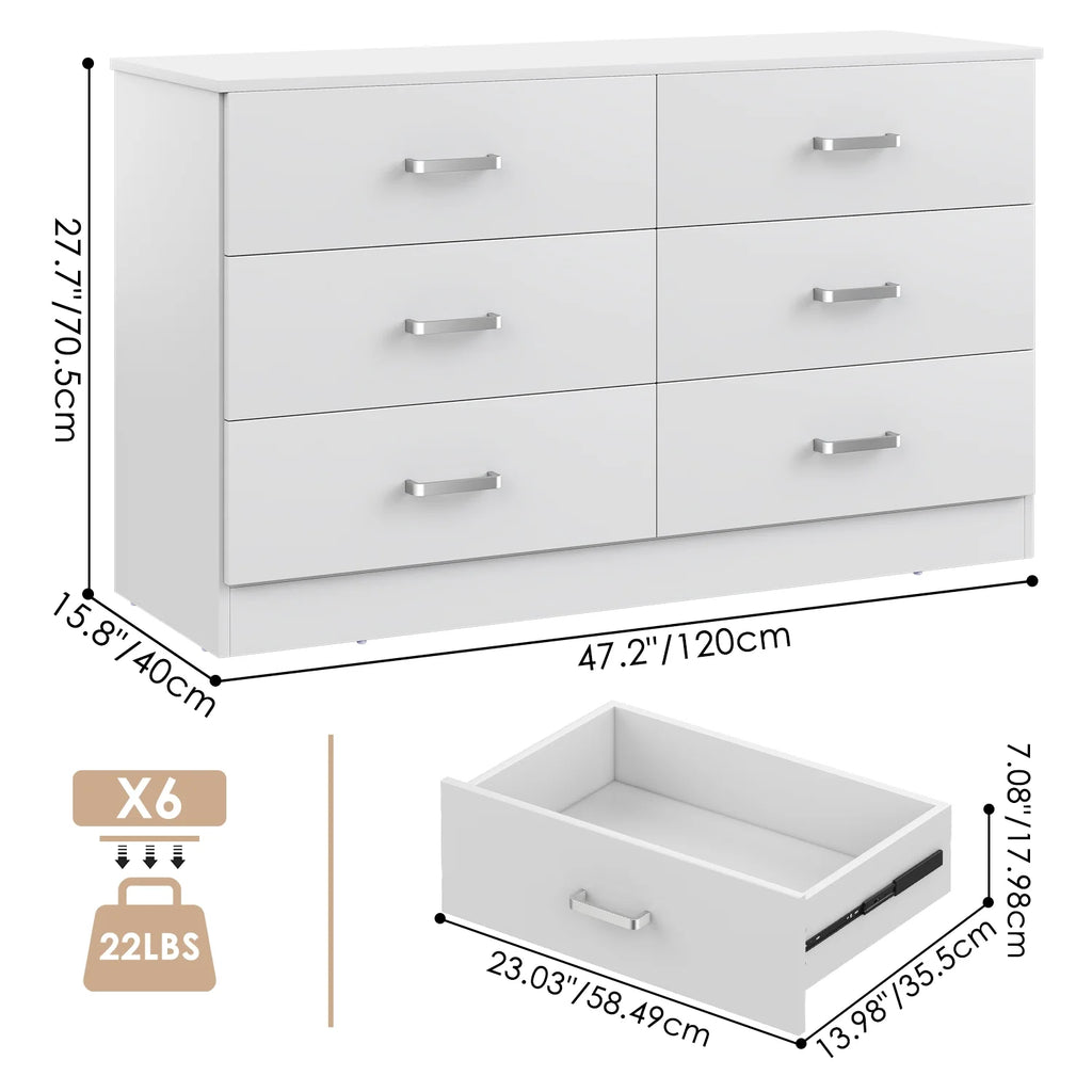 Winkalon 6 Drawer White Double Dresser, Wood Storage Cabinet with Easy Pull Out Handles for Living Room, Chest of Drawers for Bedroom