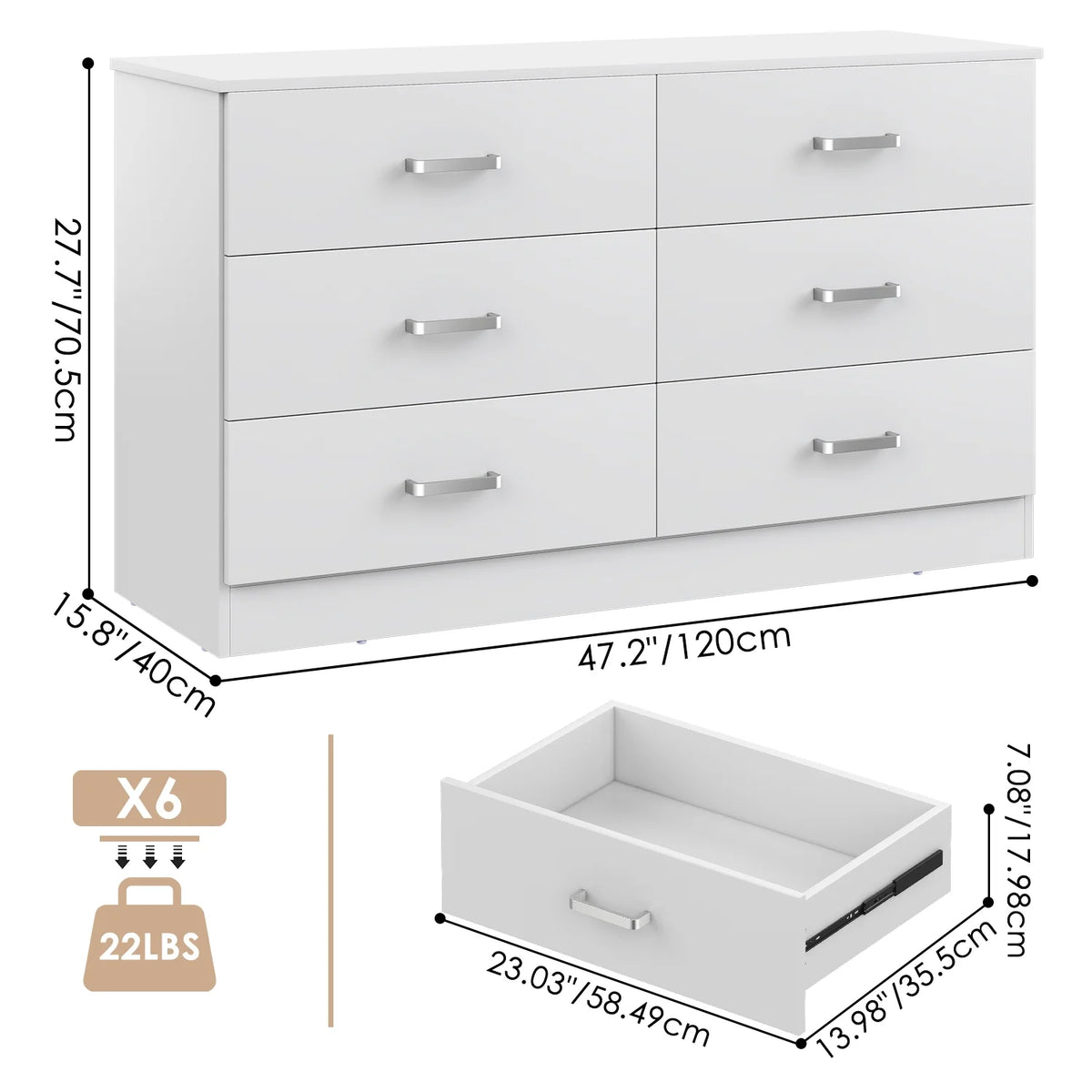 Winkalon 6 Drawer White Double Dresser, Wood Storage Cabinet with Easy Pull Out Handles for Living Room, Chest of Drawers for Bedroom