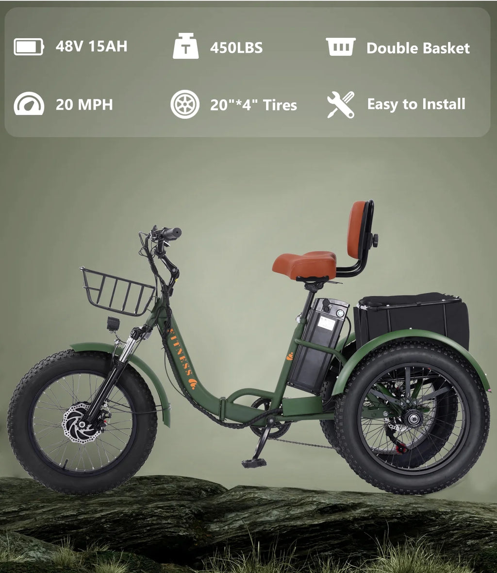 YEBEI Electric Tricycle for Adults Folding E - Trike Motorized Tricycle Electric 3 Wheels Trike Powerful 500W Motor Electric Tricycle 48V15AH Lithium Battery Max 20MPH 20*4.0" Fat Tire Orange
