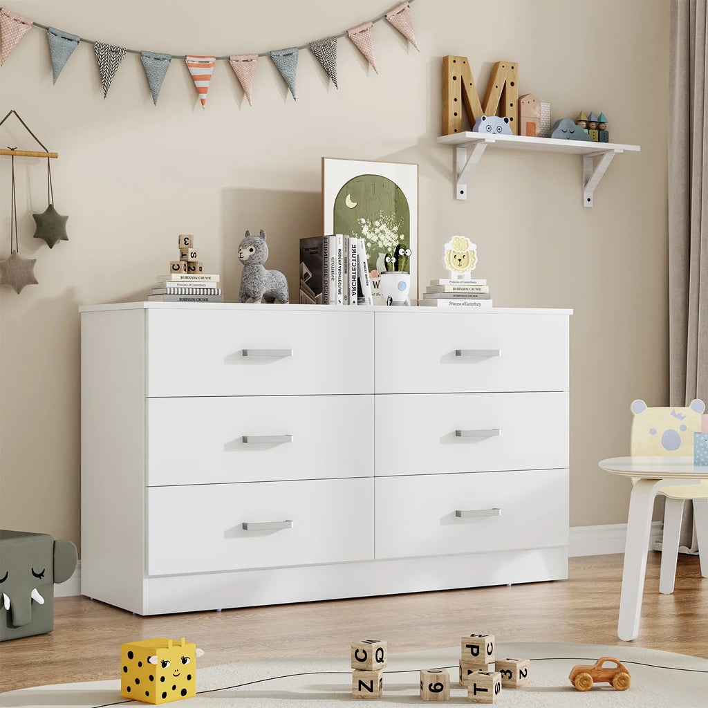 Winkalon 6 Drawer White Double Dresser, Wood Storage Cabinet with Easy Pull Out Handles for Living Room, Chest of Drawers for Bedroom