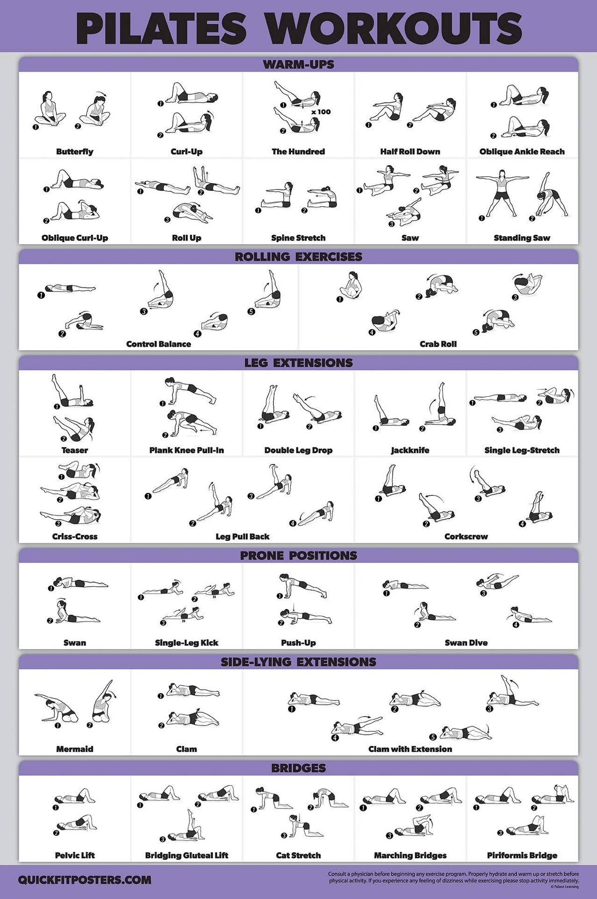 QuickFit Pilates Workout Poster - Pilates Mat Work Exercises (LAMINATED, 18in x 27in), Study Room
