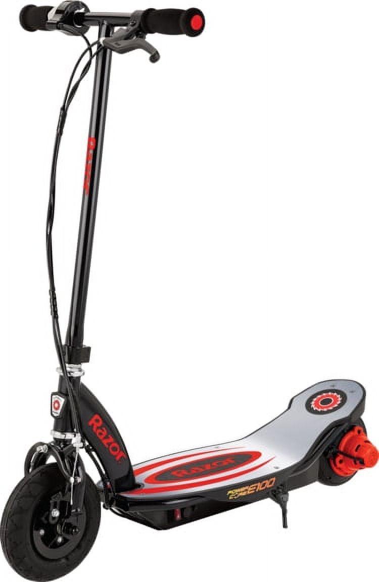 Razor Power Core E100 Electric Scooter with Aluminum Deck - Red. Ages 8+ and up to 120 lb. 8″ Pneumatic Front Tire. up to 11 Mph and up to 60 Mins of Ride Time. 100W Hub Motor. Unisex