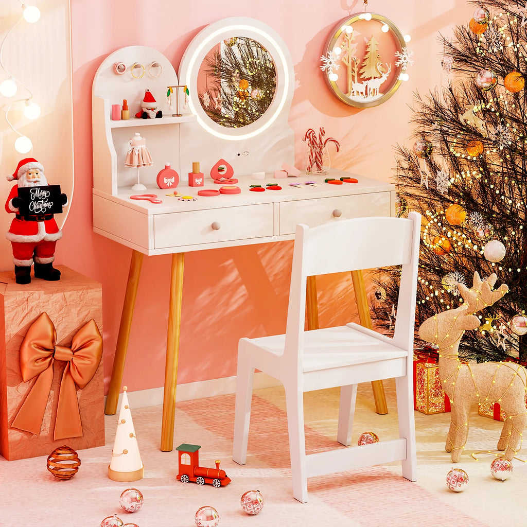 Gymax Kids Vanity Set W/ Lighted Mirror Princess Makeup Dressing Desk & Chair Set White