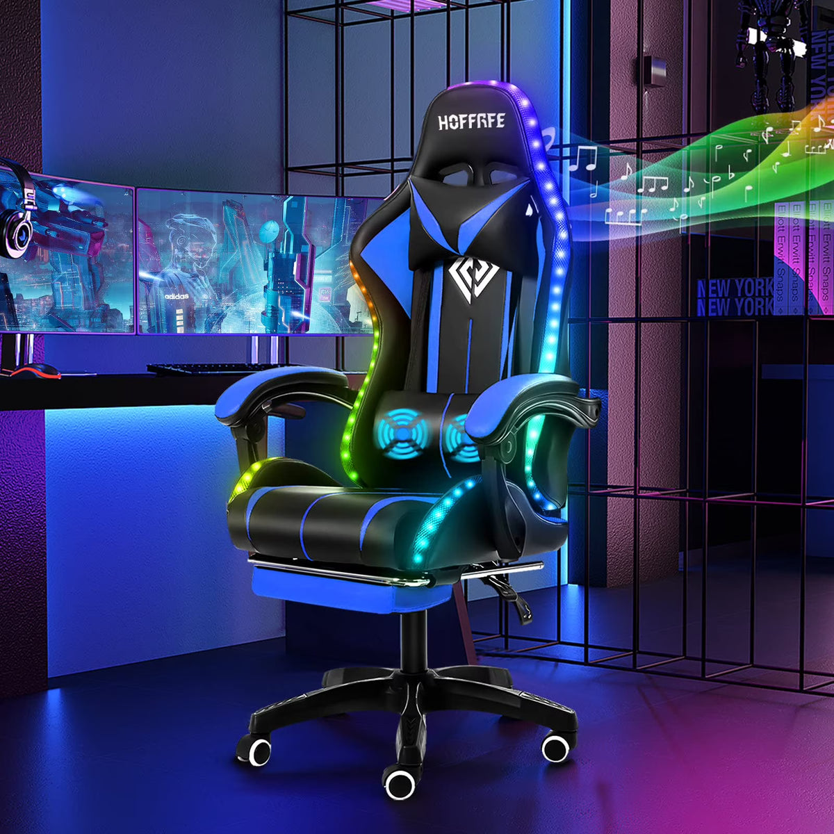 RGB Gaming Chair with Speakers Massage Computer Gaming Chair with LED Lights and Footrest High Back Video Game Chair for Adults Blue and Black