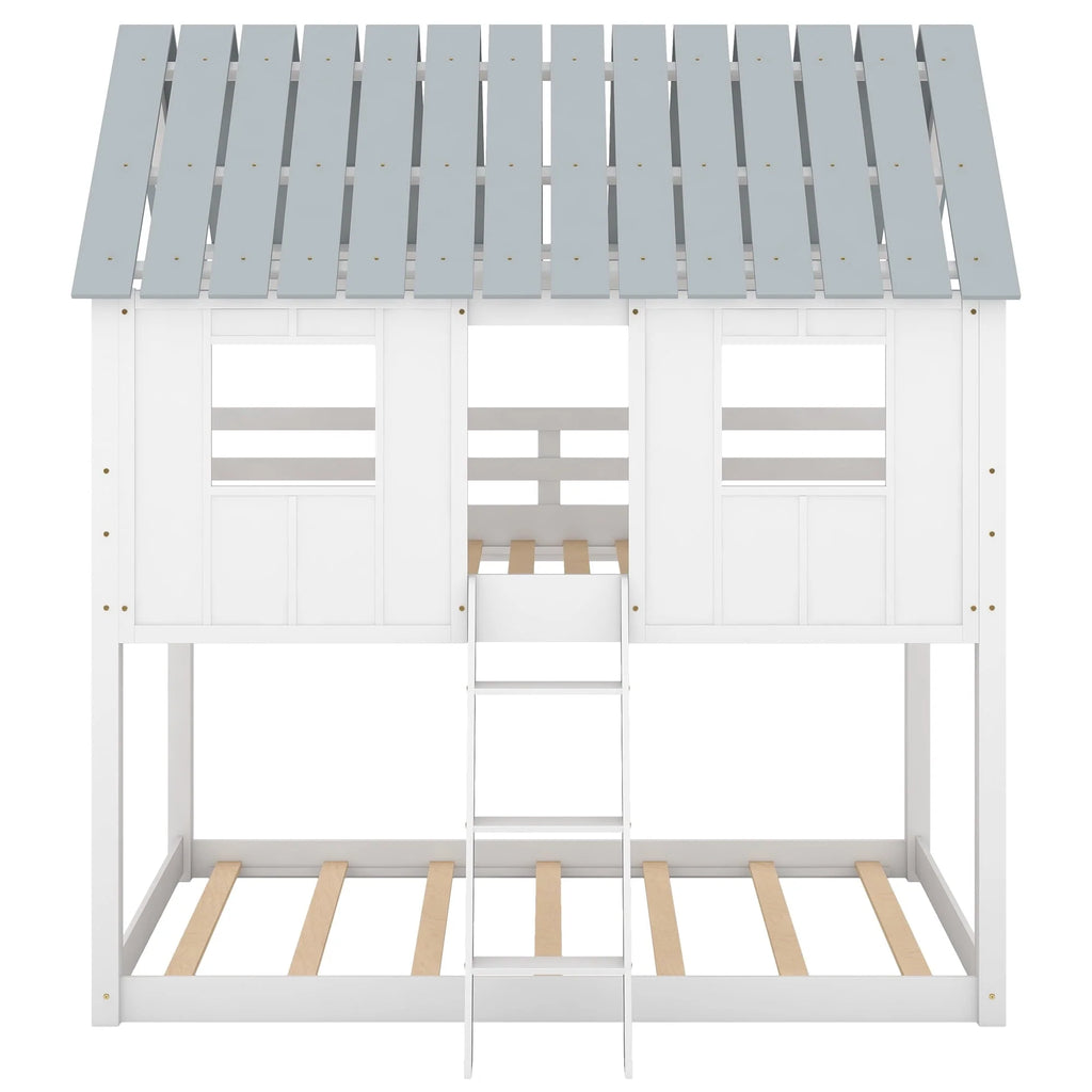 Euroco Twin Over Twin Low Bunk Bed with Roof and Guardrail for Kids Room, White
