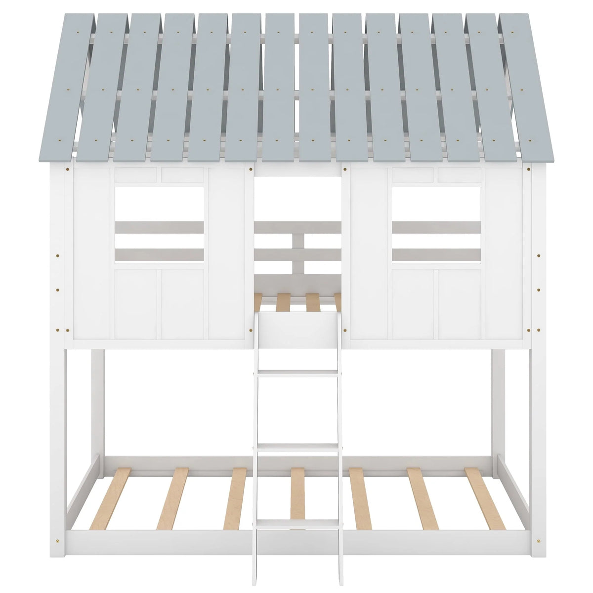 Euroco Twin Over Twin Low Bunk Bed with Roof and Guardrail for Kids Room, White