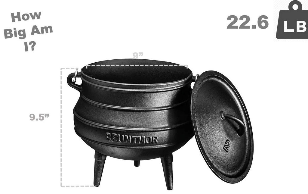 Bruntmor Pre - Seasoned Cast Iron Cauldron - Bruntmor African Potjie Pot with Lid - 3 Legs for Even Heat Distribution - Camping Dutch Oven Cookware for Over - the - Fire Cooking - 10 Quarts, X - Large