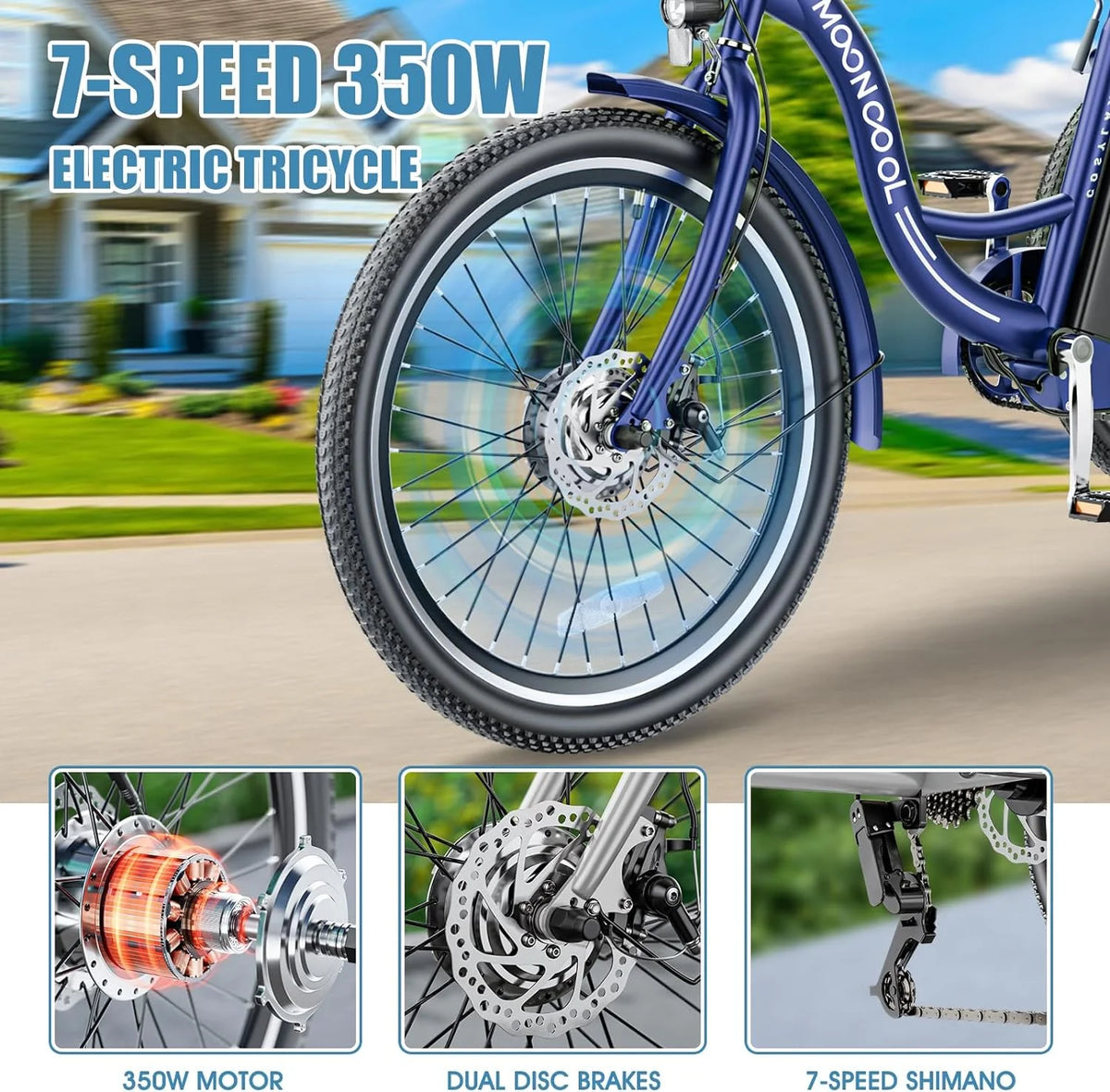 ABORON 24" 26" Electric Tricycles, 36V 10ah 350W Lithium Battery, 7 Speed E - Trike for Adults with Large Capacity Rear Basket & Adjustable Seat