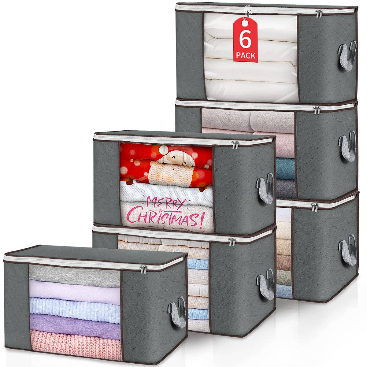 Budding Joy Large Storage Bags, 6 Pack Clothes Storage Bins Foldable Closet Organizers Storage Containers with Durable Handles Thick