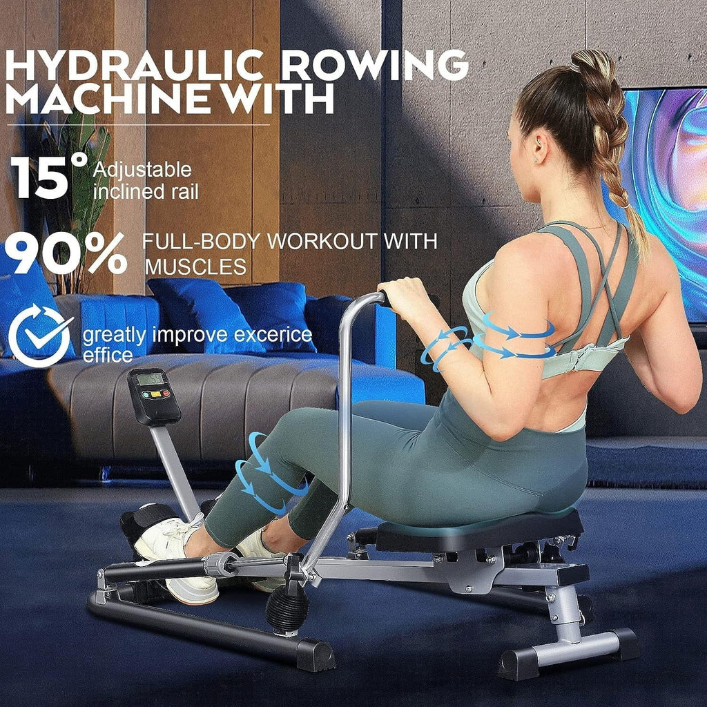290 lb Rowing Machine, Hydraulic Machine Rower with 12 Level Adjustable Resistance and LCD Monitor, Exercise Equipment for Home Fitness Full Body Workout Cardio Training
