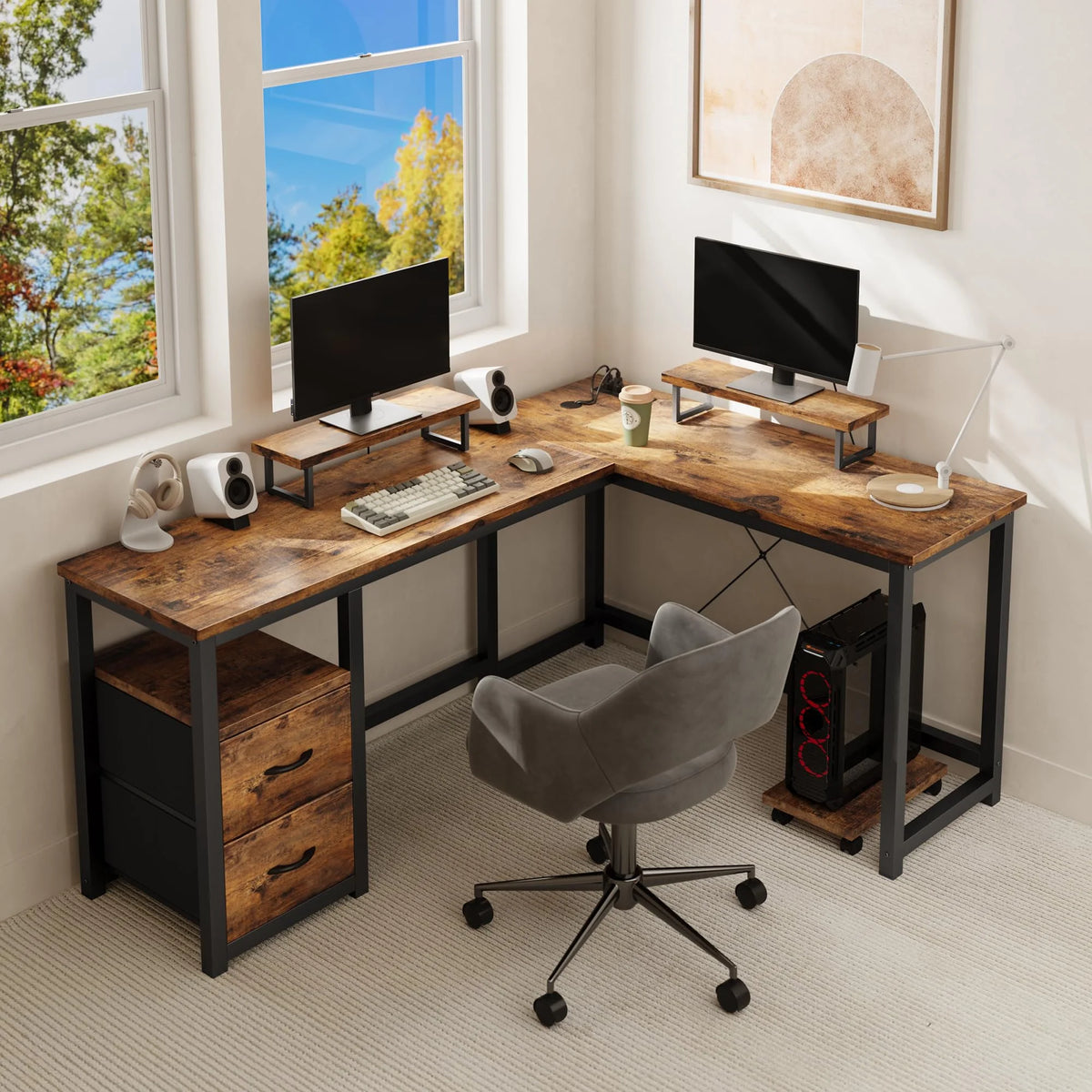 Lofka L Shaped Gaming Desk with Power Outlets, Computer Desk with Shelf and Drawers for Home /Office, Black