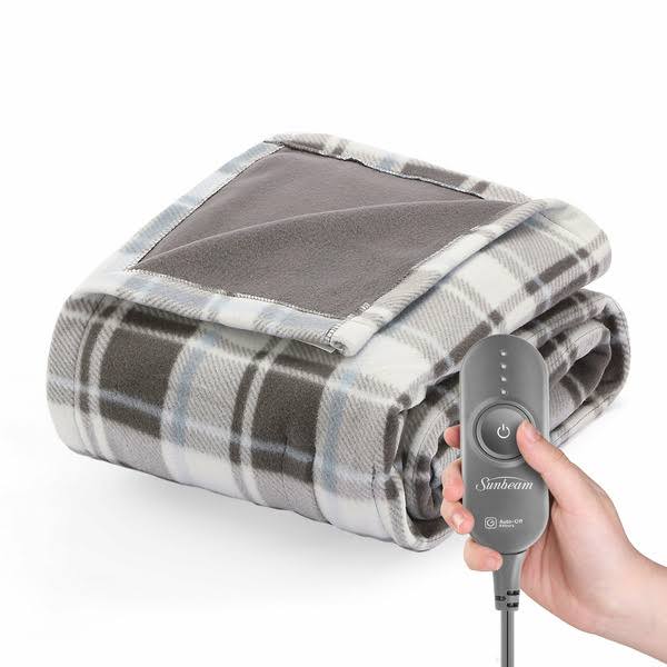 Sunbeam Fleece Electric Heated Throw Blanket, Gray and White Buffalo Plaid, 50 inch x 60 inch