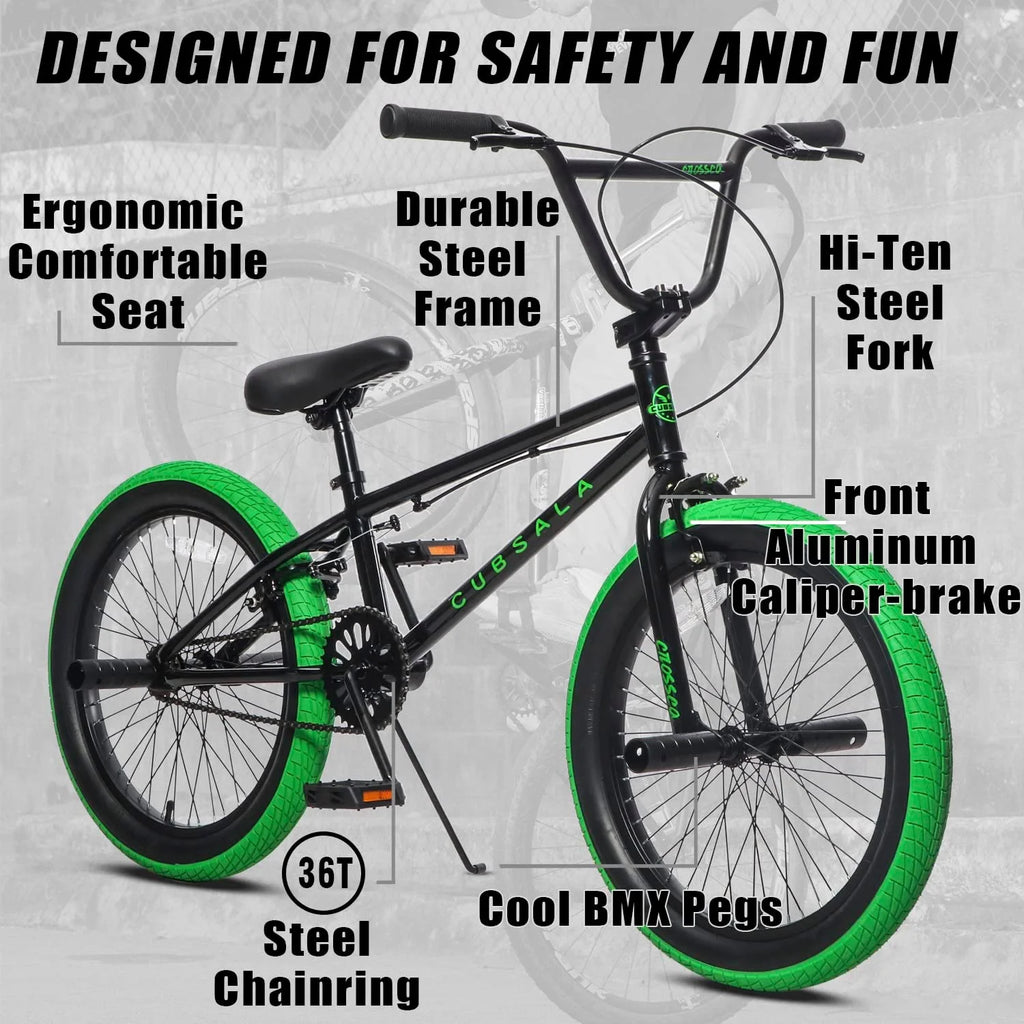Cubsala 20 in Kids BMX Bike Freestylefor Age 6 - 14 Years Old Boys Girls with 4 Pegs, Black with Red Tires