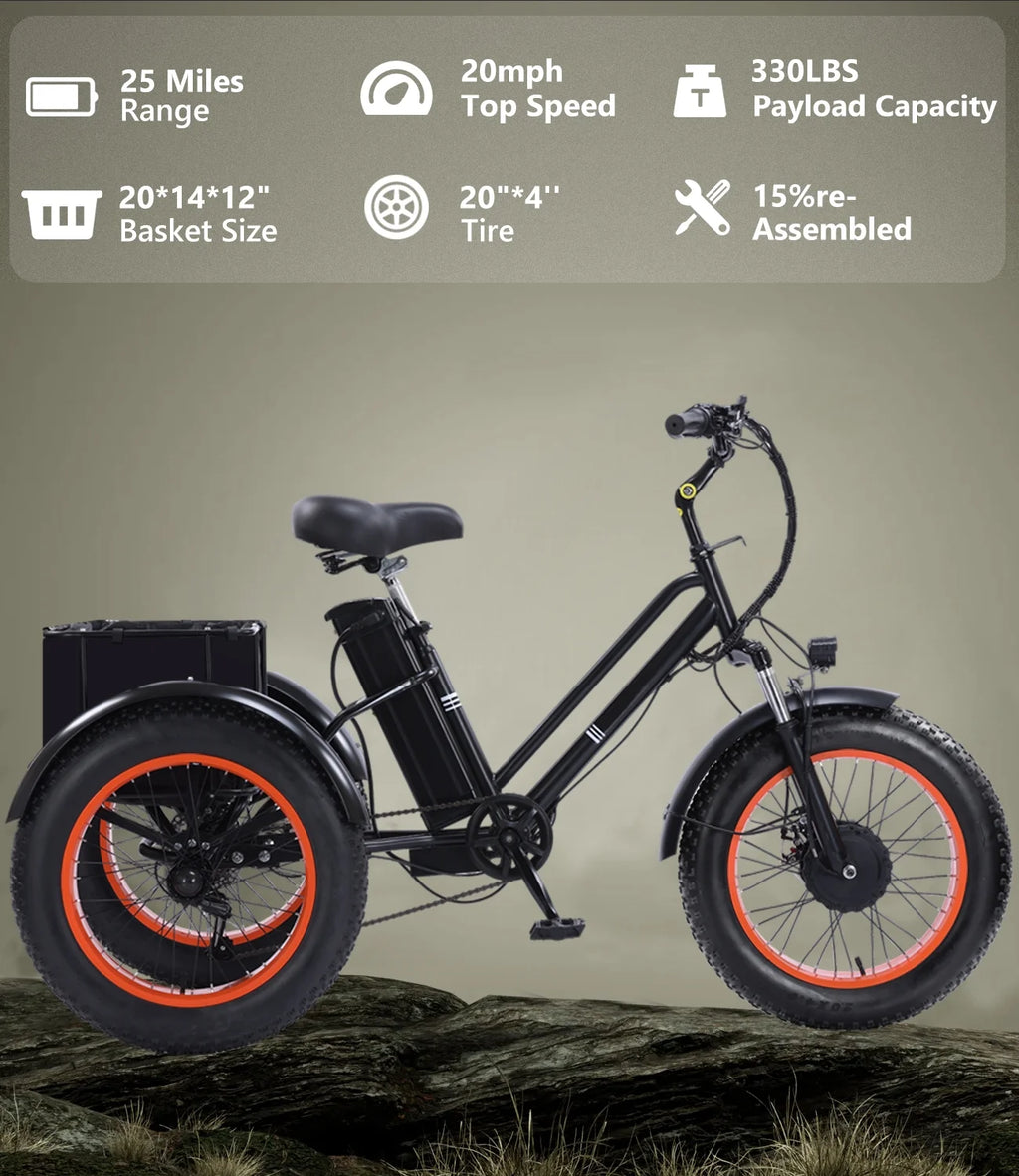 YEBEI Electric Tricycle for Adults Folding E - Trike Motorized Tricycle Electric 3 Wheels Trike Powerful 500W Motor Electric Tricycle 48V15AH Lithium Battery Max 20MPH 20*4.0" Fat Tire Orange