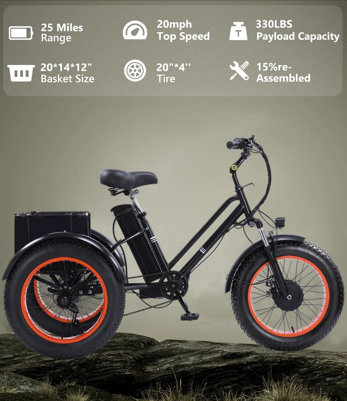 YEBEI Electric Tricycle for Adults Folding E - Trike Motorized Tricycle Electric 3 Wheels Trike Powerful 500W Motor Electric Tricycle 48V15AH Lithium Battery Max 20MPH 20*4.0" Fat Tire Orange