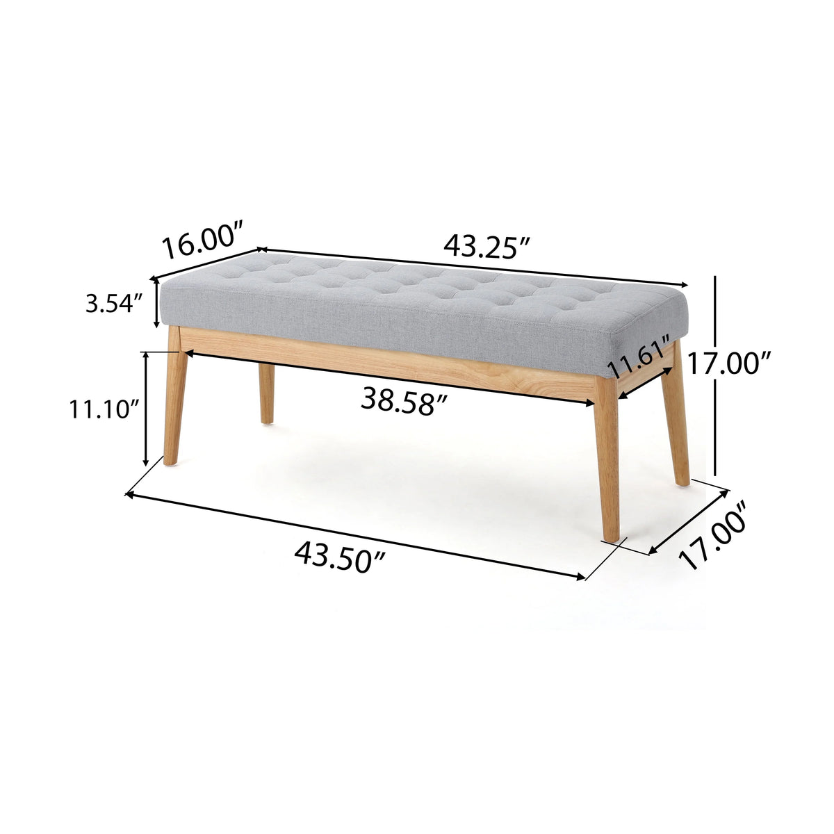 44.75" Mid - Century Tufted Bench - Solid Birch Legs - Plush Polyester Blend - 17" Height, 19.62 lb