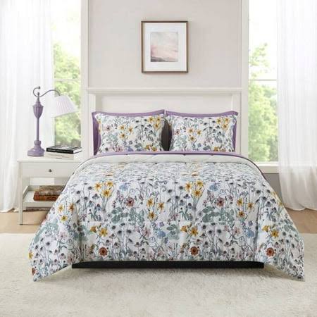 Mainstays Floral Reversible 7-Piece Bed in A Bag Comforter Set with Sheets, Queen