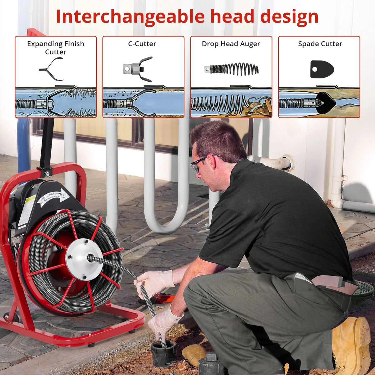 Roromall Drain Cleaner Machine 50FT/75FT/100FT x 3/8 - Inch/1/2 - Inch Sewer Auger Electric Drain Auger Sewer Snake with 4 Cutter, Air - Activated Foot Switch, Gloves