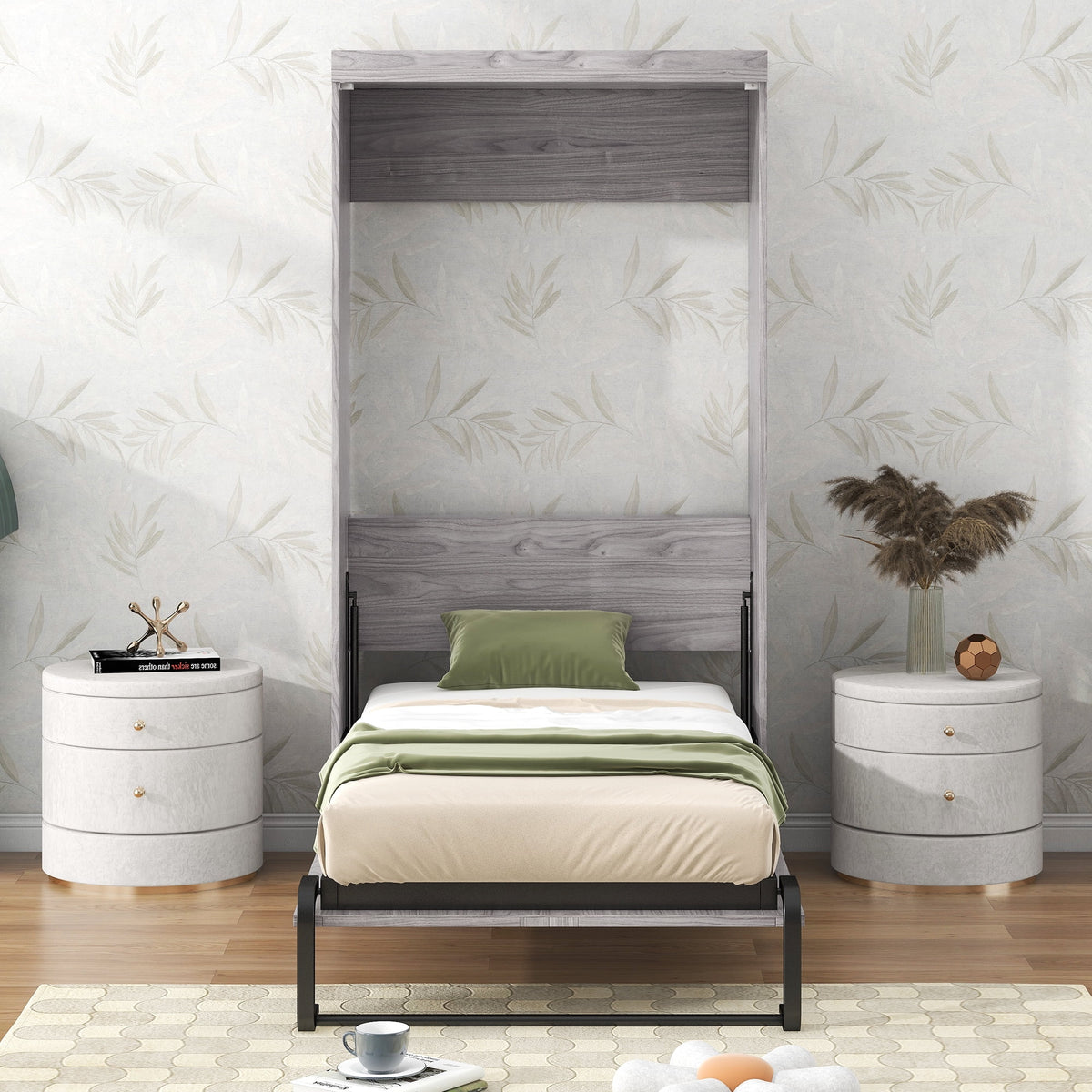 Euroco Pine Wood Twin Size Murphy Bed, Convertible Wall Bed Into A Cabinet, Gray