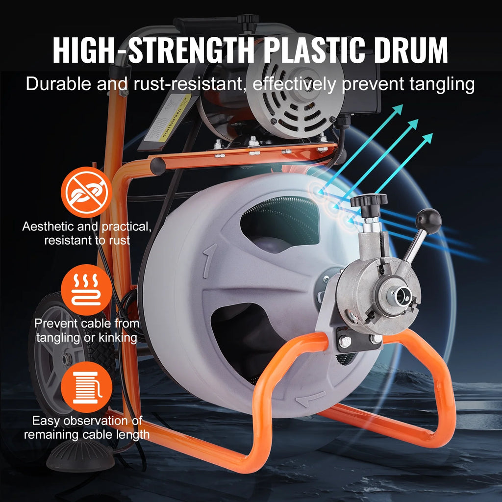 VEVOR Drain Cleaner Machine 100FT x 3/8 in, Auto Feed Sewer Snake Drain Auger on Wheels, Portable Drain Cleaning Machine with 8 Cutters & Air - Activated Foot Switch for 2" to 4" Pipes