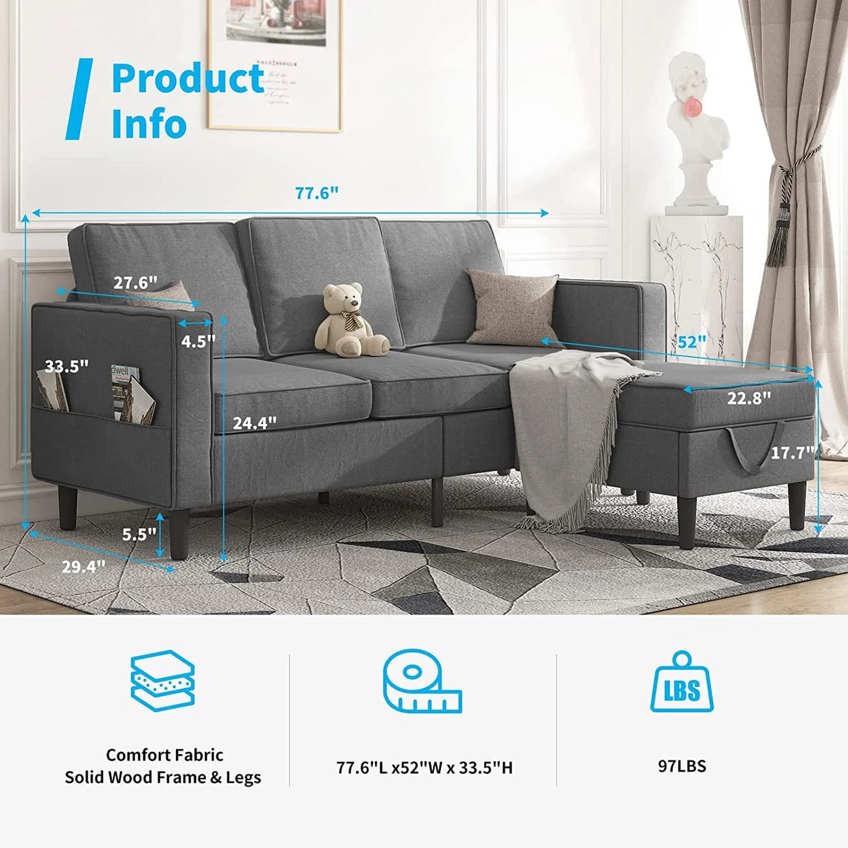 Mjkone Convertible Sectional Sofa Couch, L - Shaped Couch with Storage Ottoman, Couches for Living Room, Living Room Furniture Suitable for Small Space - Apartment/Upstairs Loft/Living Room (Dark Gray)