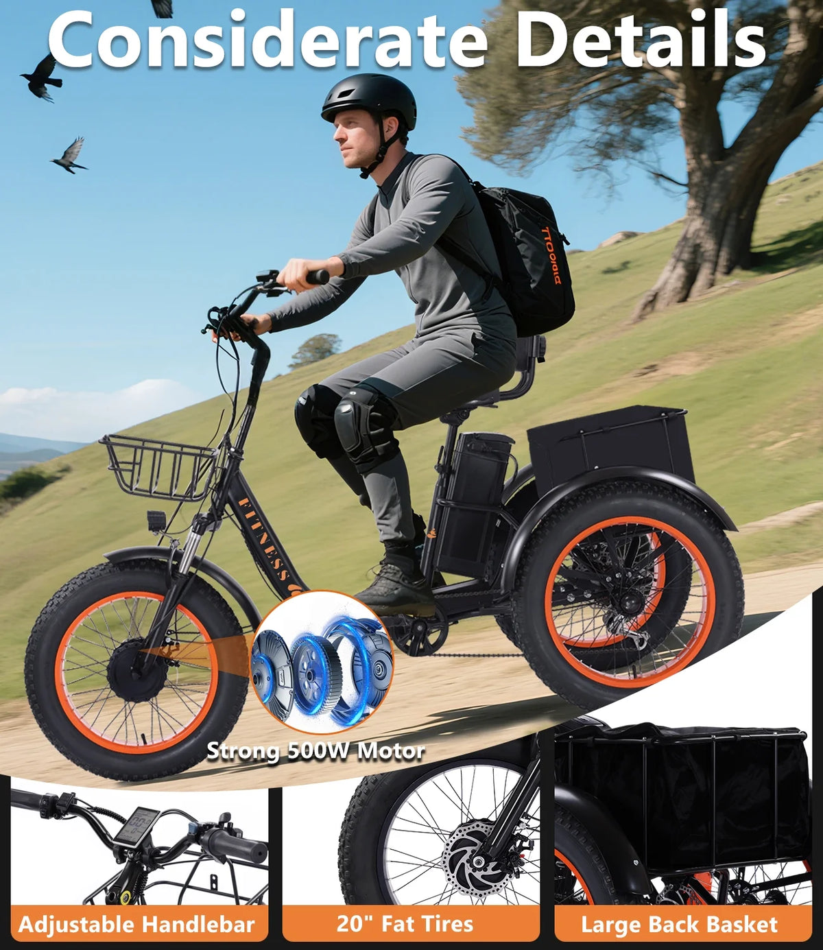 YEBEI Electric Tricycle for Adults Folding E - Trike Motorized Tricycle Electric 3 Wheels Trike Powerful 500W Motor Electric Tricycle 48V15AH Lithium Battery Max 20MPH 20*4.0" Fat Tire Orange