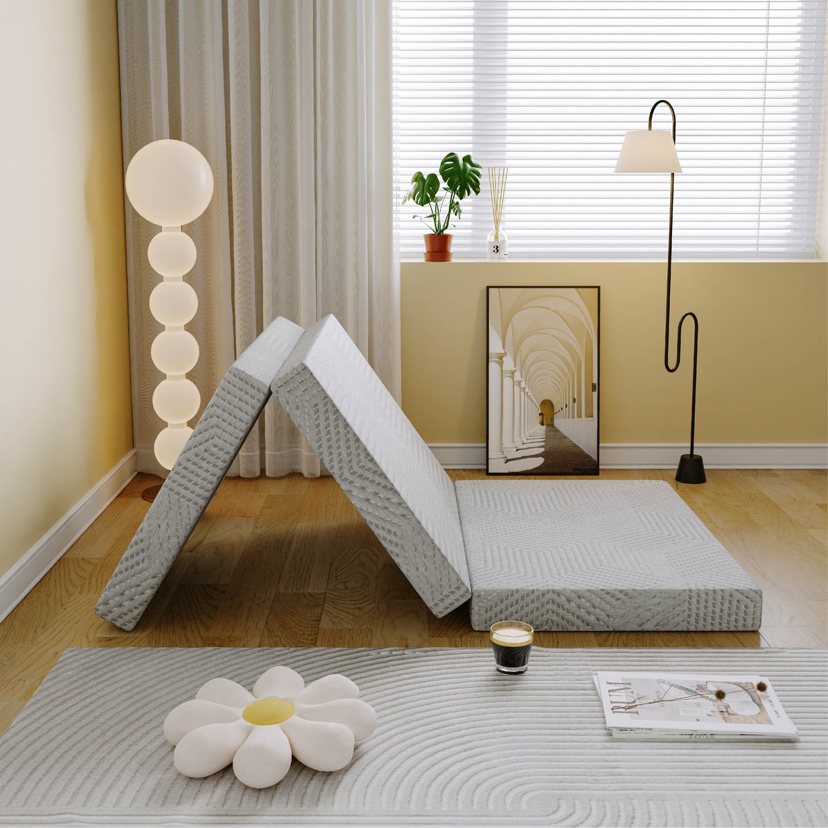 Ego 4 inch Tri Folding Memory Foam Mattress. Portable Guest Bed. Queen Size