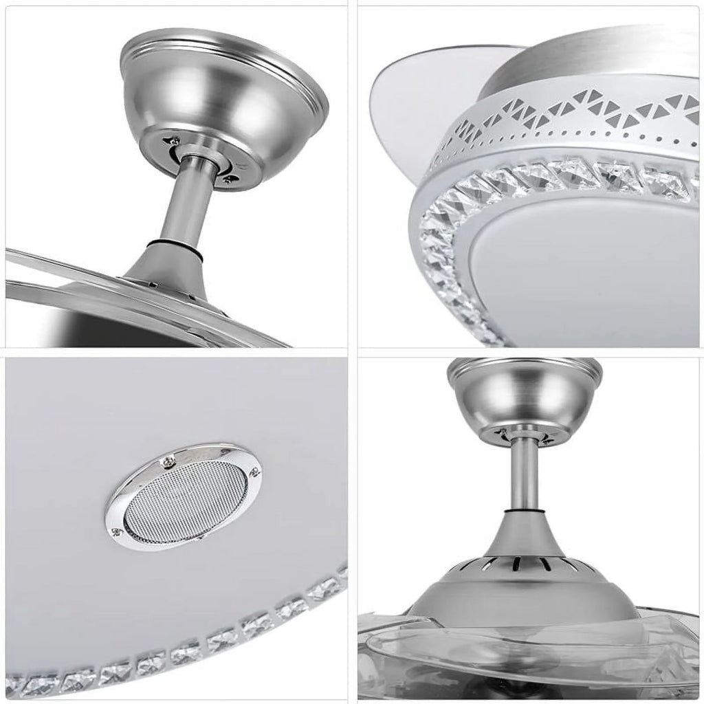 42"invisible Chandelier Ceiling Fan with Light and Bluetooth Speaker, Modern 3 Color Change Crystal Ceiling Fan Light with Remote Control 4 Retractable ABS Blades