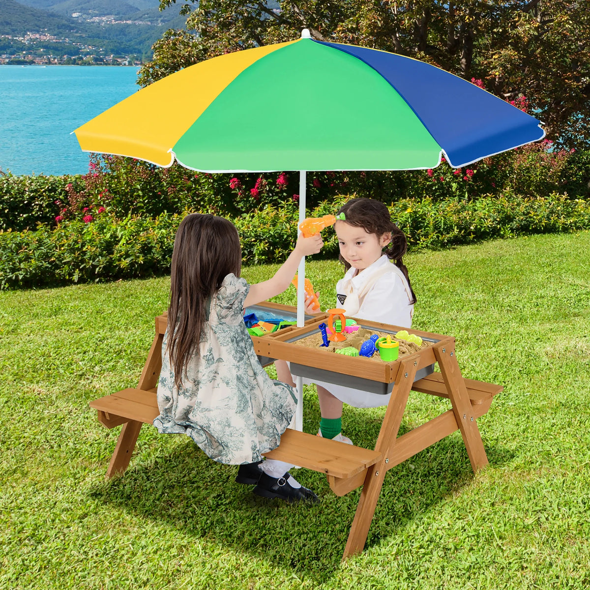 Costway 3 - in - 1 Kids Picnic Table Wooden Outdoor Sand & Water Table with Umbrella Play Boxes Green