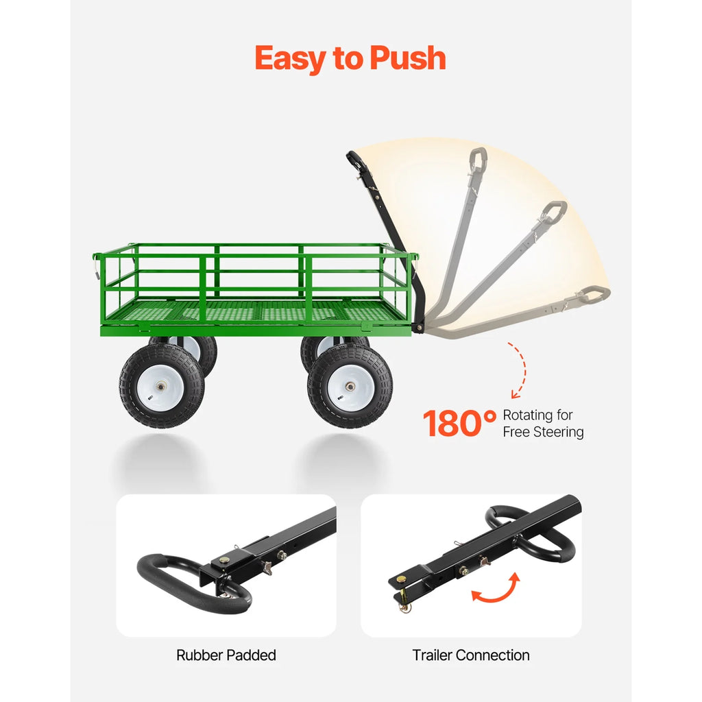 KFFKFF Mesh Steel Garden Cart 1200 lb, 43.3 x 29.5 " Heavy Duty Utility Wagon Cart, Pullable Metal Garden Trolley with 13' All-Terrain Tires, Removable Mesh Sides, 180swiveling Handle (Green)