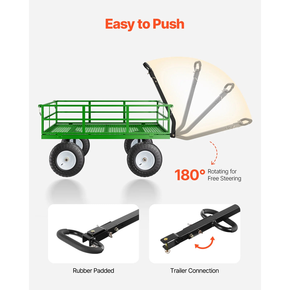 KFFKFF Mesh Steel Garden Cart 1200 lb, 43.3 x 29.5 " Heavy Duty Utility Wagon Cart, Pullable Metal Garden Trolley with 13' All-Terrain Tires, Removable Mesh Sides, 180swiveling Handle (Green)